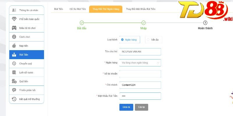 Hướng dẫn rút tiền TD88